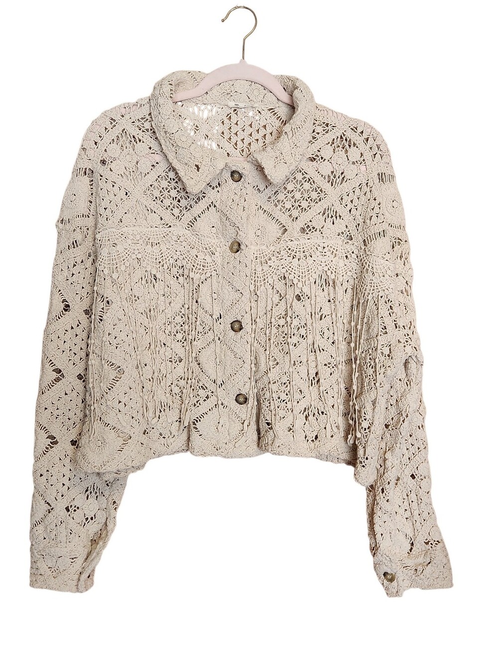 MISS ME CROCHET LACE FRINGE BOHO WESTERN FESTIVAL CREAM SHACKET CARDIGAN LARGE - Picture 4 of 16